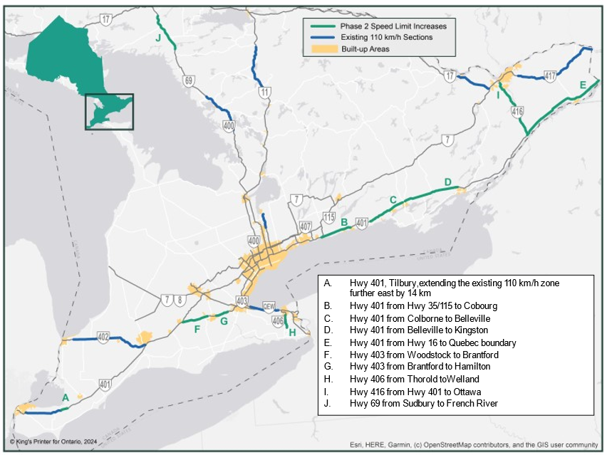Map of Ontario showing new 110km speed limit areas