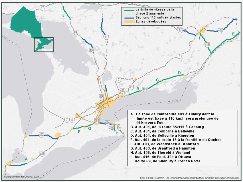 Carte de l'Ontario avec zones de limitation de vitesse de 110 km